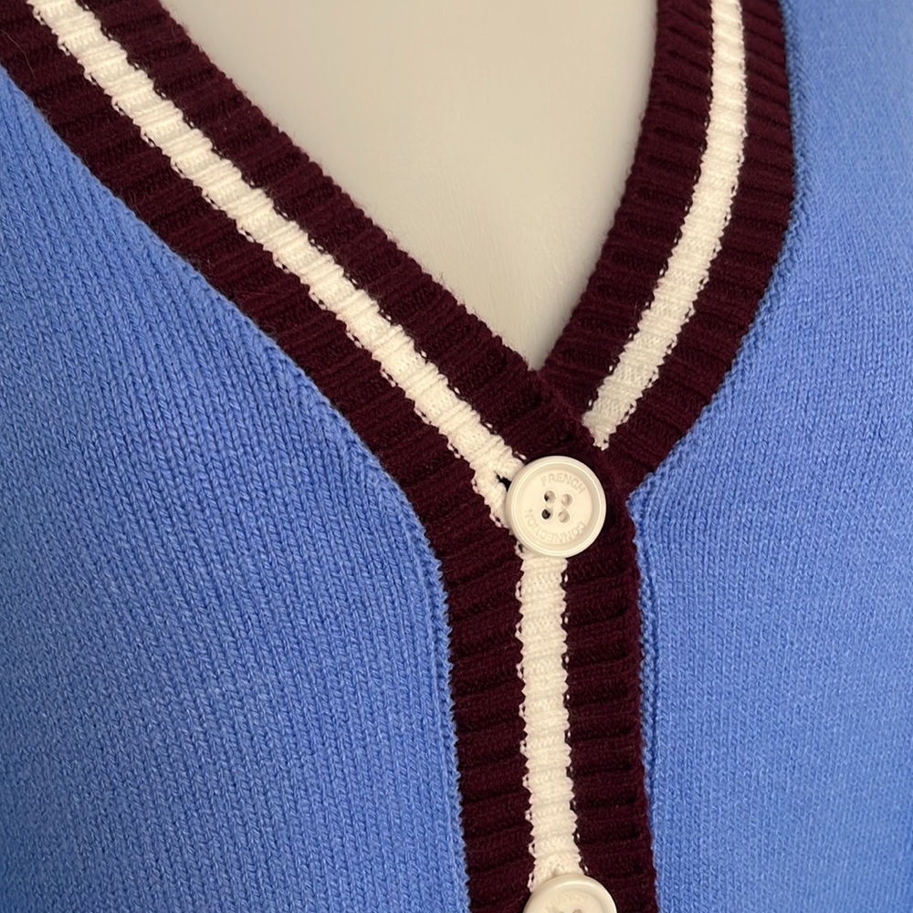 FRENCH CONNECTION VARSITY STYLE VNECK LONG SLEEVE RIB BOTTOM SWEATER BLUE SIZE L - Picture 6 of 13